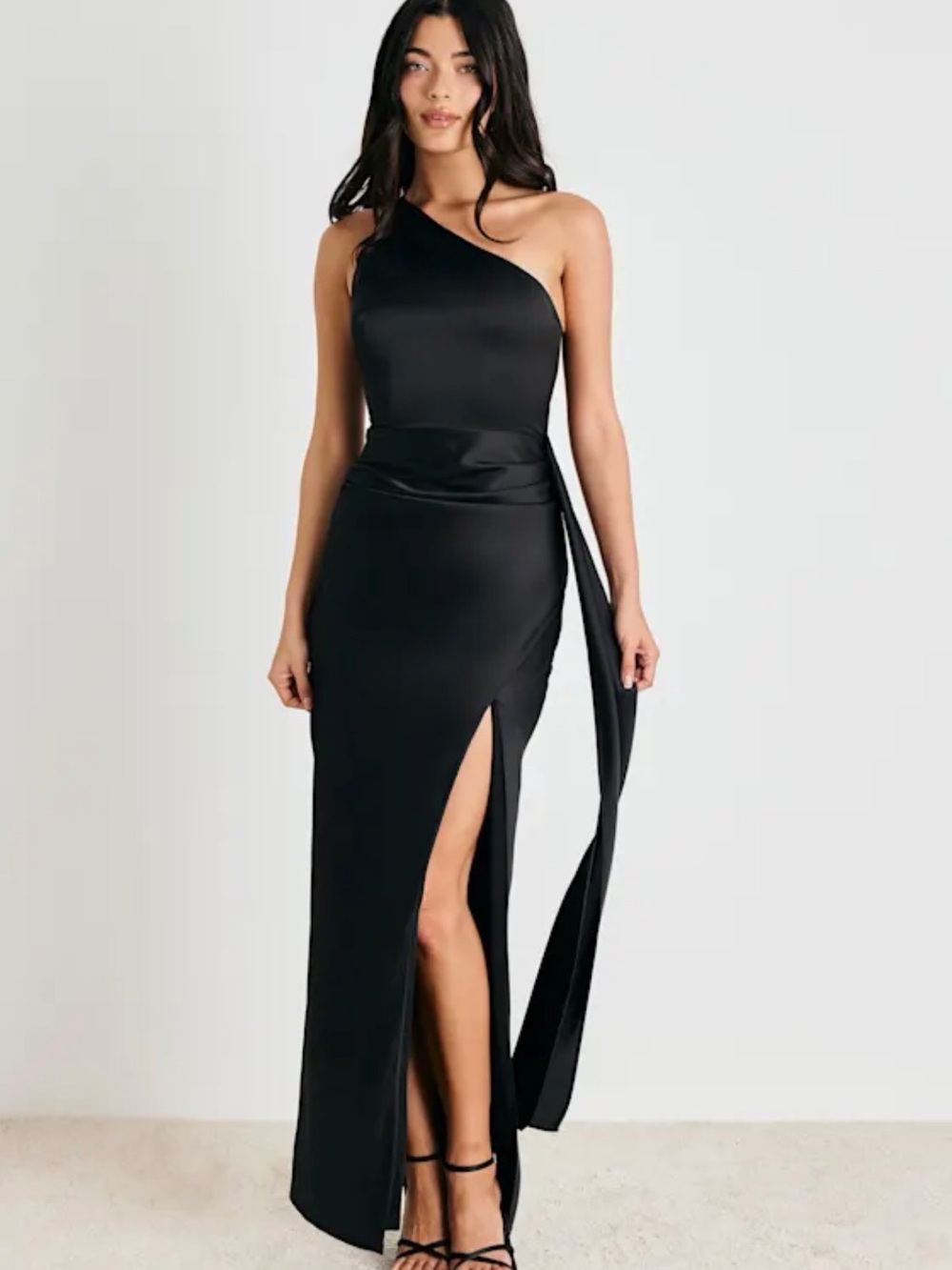 Lulu's Signature Elegance Black Satin One-Shoulder Maxi Dress 2/32